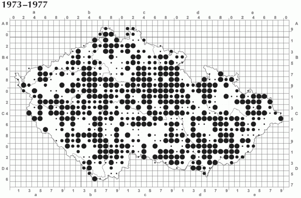 mapa rozšíření sýčka v Česku v letech 1973-1977