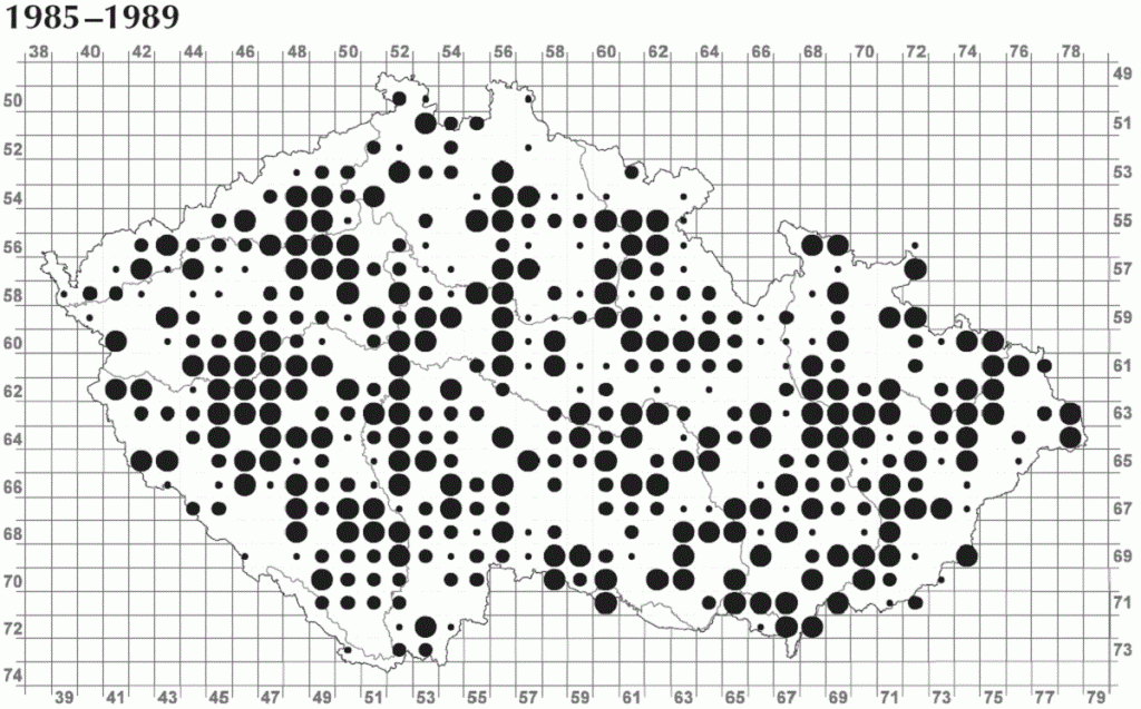 mapa rozšíření sýčka v Česku v letech 1985-1989