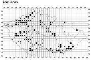 mapa rozšíření sýčka v Česku v letech 2001-2003