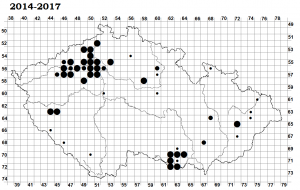 mapa rozšíření sýčka v Česku v letech 2014-2017