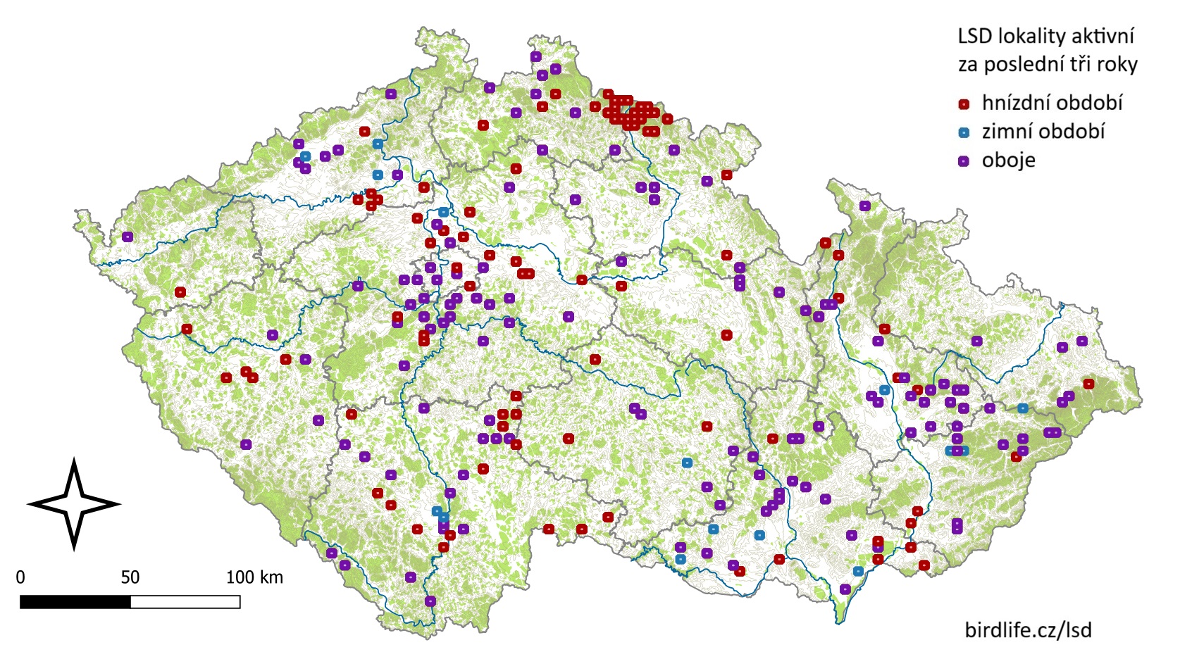Mapa ČR - aktivní lokality LSD za poslední tři roky (zima 22/23, 23/24. 24/25, hnízdní 23 až 25).