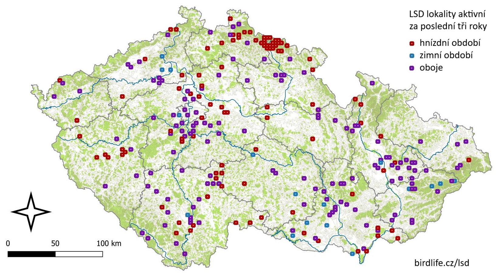 Mapa ČR - aktivní lokality LSD za poslední tři roky (zima 23/24. 24/25, 25/26, hnízdní 24 až 26).